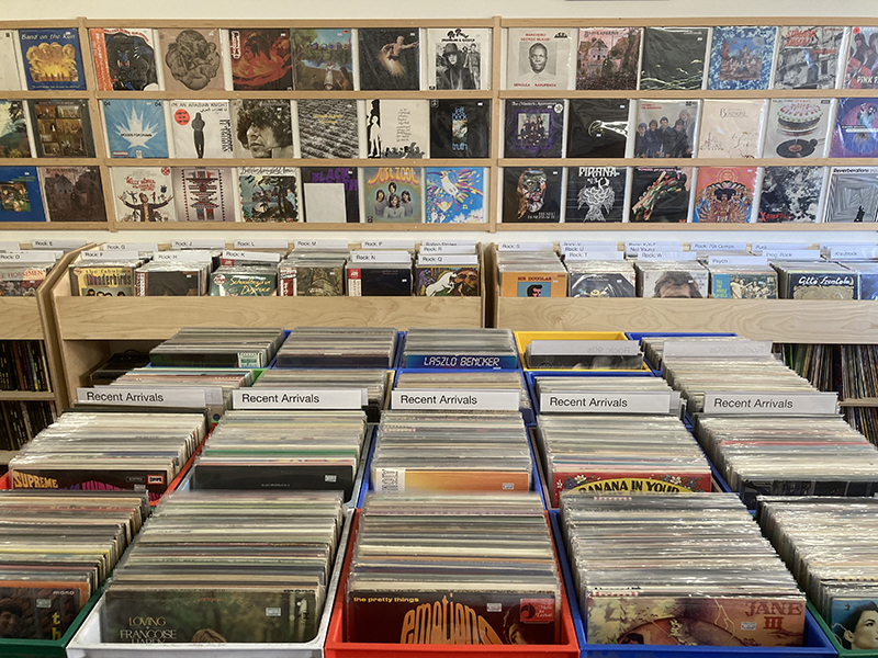 Racks of records organised and on display in wooden shelves